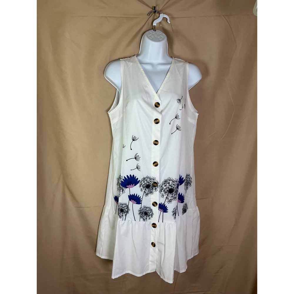 Floral Dandelion Shift Dress Womens M White Excellent Button Front